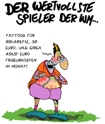 Cartoon: Wertvolle Spieler (medium) by Karsten Schley tagged fußball,wm,russland,fußballspieler,tattoos,frisuren,geld,wirtschaft,profis,sport,einkommen,fußball,wm,russland,fußballspieler,tattoos,frisuren,geld,wirtschaft,profis,sport,einkommen