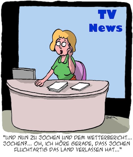 Cartoon: Wo ist Jochen?? (medium) by Karsten Schley tagged tv,medien,wettervorhersage,nachrichten,meteorologen,klima,wetter,temperaturen,jahreszeiten,wissenschaft,gesellschaft,tv,medien,wettervorhersage,nachrichten,meteorologen,klima,wetter,temperaturen,jahreszeiten,wissenschaft,gesellschaft