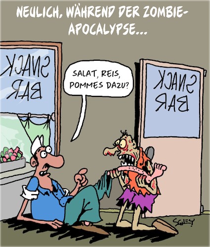 Cartoon: Zombie-Apocalypse (medium) by Karsten Schley tagged restaurants,imbisse,zombies,ernährung,horror,filme,unterhaltung,mythen,legenden,restaurants,imbisse,zombies,ernährung,horror,filme,unterhaltung,mythen,legenden