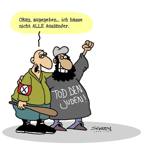 Cartoon: Zugegeben... (medium) by Karsten Schley tagged neonazis,terror,terroristen,religion,antisemitismus,demokratie,politik,verbrechen,radikalismus,geschichte,neonazis,terror,terroristen,religion,antisemitismus,demokratie,politik,verbrechen,radikalismus,geschichte