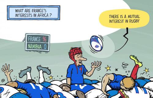 Cartoon: Africa a la macronaise (medium) by rodrigo tagged africa,france,french,army,niger,mali,burkina,faso,rugby,worldcup,namibia,sport,politics,international,policy,diplomacy,military,economy,interests