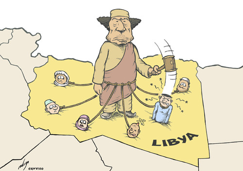 Cartoon: Anchored Gaddafi (medium) by rodrigo tagged libya,muammar,gaddafi,rebels,people,terror,war,otan,nato,attack,human,rights