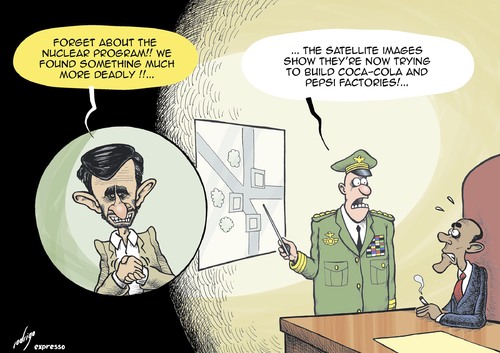 Cartoon: Apocacola now! (medium) by rodrigo tagged iran,ahmadinejad,weapon,nuclear,bomb,energy,coca,cola,coke,pepsi,carcinogen