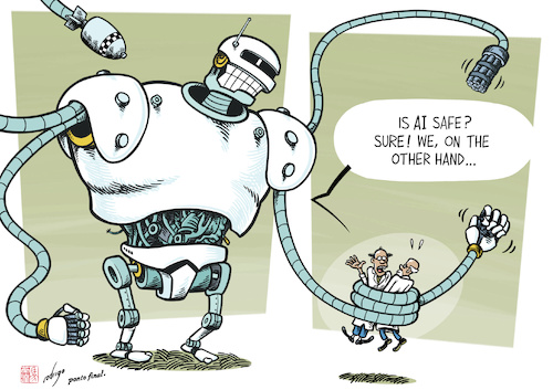 Cartoon: Artificial Insecurity (medium) by rodrigo tagged ai,artificialintelligence,danger,safety,security,summit,tech,technology,virtual,greatbritain,uk,southkorea,seoul,hype,international,economy,politics,society,work,robots,openai,chatgpt,world,military,war