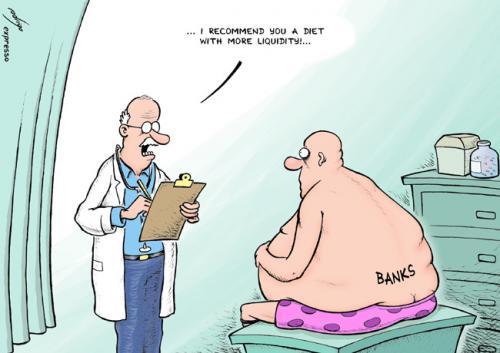 Cartoon: Bank stress tests (medium) by rodrigo tagged bank,bankers,crisis,stress,health,hospital,doctor,economy,finance,interest