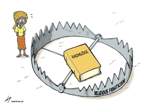 Cartoon: Boko Harem (medium) by rodrigo tagged nigeria,boko,haram,religion,fanaticism,books,girls,teenagers,kidnap,terror