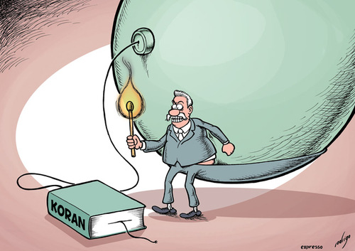Cartoon: Burn a Koran Day (medium) by rodrigo tagged burn,koran,day,religion,muslim,islam,pastor,terry,jones,terror