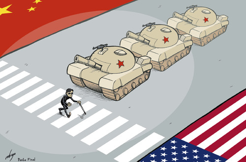 Cartoon: Chen crosses the big street (medium) by rodrigo tagged chen,guangcheng,china,activist,blind,freedom,democracy,repression,political