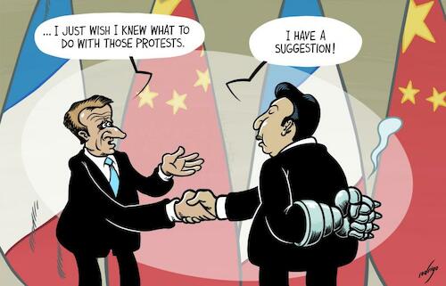 Cartoon: Chinese know-how (medium) by rodrigo tagged france,president,macron,china,chairman,xijinping,xi,beijing,popularity,protests,pension,reform,international,politics,democracy,freedom,oppression