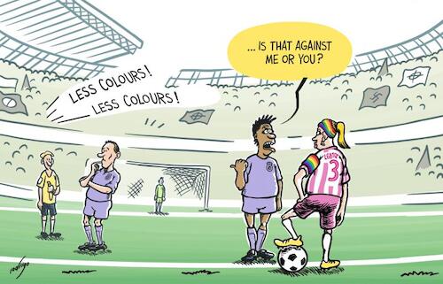 Cartoon: Chromatic discrimination (medium) by rodrigo tagged vinicius,real,madrid,racism,brazil,abuse,valencia,mestalla,stadium,laliga,incident,discrimination,lgbtqi,sport,spain,society,education