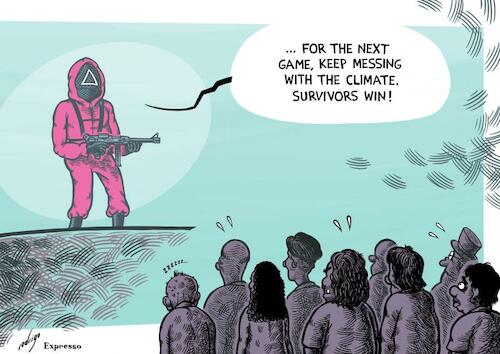Cartoon: Climate Games (medium) by rodrigo tagged cop26,global,climate,summit,glasgow,change,emissions,carbon,pollution,environment,economy,society,international,politics,warming,planet,earth,nature,world,ecology,squid,games,netflix