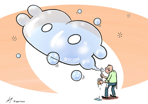 Cartoon: Cryptobubble (medium) by rodrigo tagged economy,finance,cryptocurrency,bitcoin,bubble,investment,risk,investors,money,internet,technology,virtual