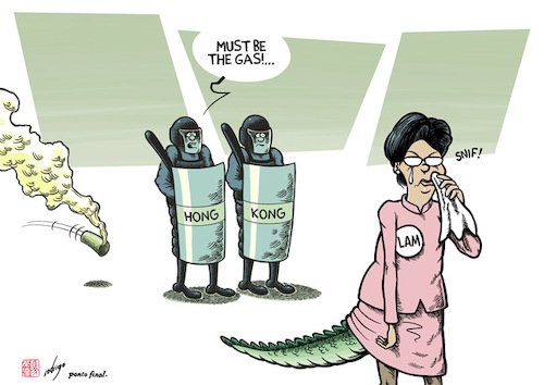 Cartoon: Crying Lam (medium) by rodrigo tagged hong,kong,police,tear,gas,protests,extradition,bill,china,chief,executive,carrie,lam,politics,crocodile