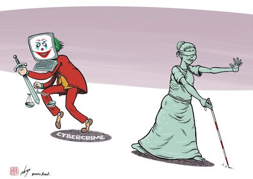 Cartoon: Cyberconundrum (medium) by rodrigo tagged cybercrime,crime,internet,scam,fraud,justice,joker,society,education