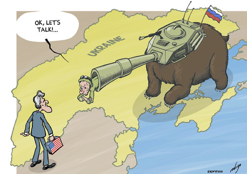 Cartoon: Diplomatovsky (medium) by rodrigo tagged ukraine,russia,us,usa,united,states,nato,peace,diplomacy,crimea,military,army,vladimir,putin,john,kerry