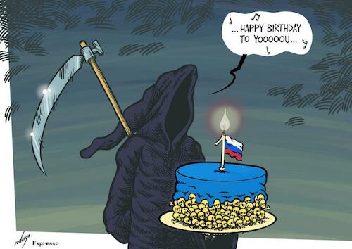 Cartoon: Doomsday party (medium) by rodrigo tagged ukraine,russia,war,anniversary,invasion,conflict,international,politics,military,kyiv,moscow,putin,zelensky,deaths,europe,energy,markets,global,hunger,death,grimreaper