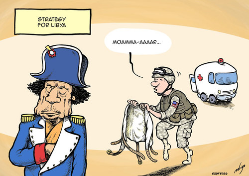 Cartoon: Fighting Colonel Gaddafi (medium) by rodrigo tagged libya,intervention,un,usa,army,colonel,moammar,gaddafi