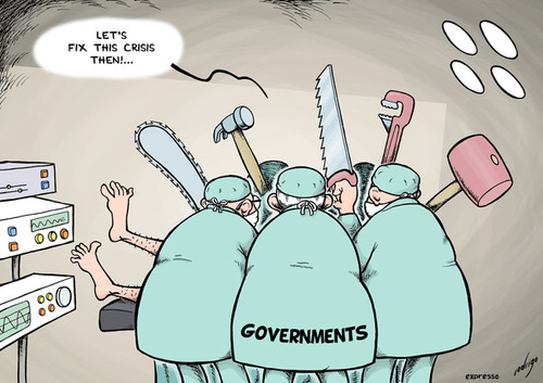 Cartoon: The wrong tools (medium) by rodrigo tagged financial,crisis,eu,us,usa,european,union,recession,debt,euro,money,doctor,medicine,surgery,surgeon,government