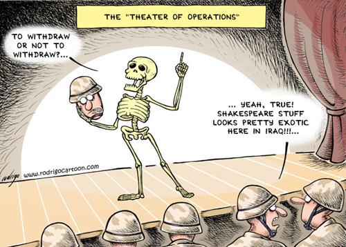 Cartoon: Hamlet in Iraq (medium) by rodrigo tagged iraq,usa,hamlet,shakespeare,theater,war,us,army