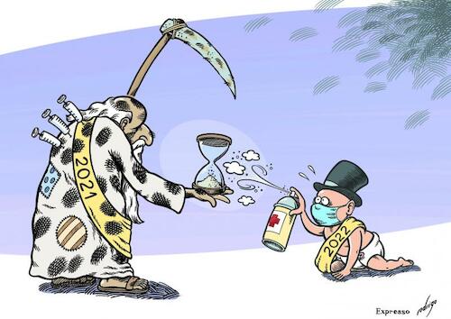 Cartoon: Healthy New Year (medium) by rodrigo tagged covid19,omicron,pandemic,world,new,year,2021,2022,disease,humanity,inequality,vaccine,international,health,society,politics,coronavirus,masks,restrictions,economy,crisis