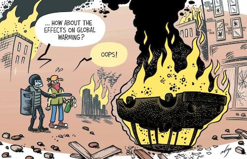 Cartoon: Heating up tensions (medium) by rodrigo tagged climate,scientists,heat,summer,global,globalwarming,planet,france,tensions,riots,paris,police,violence,protests,international,politics,society,racism