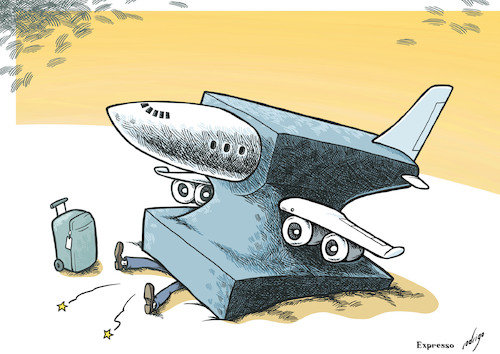 Cartoon: Heavily stranded (medium) by rodrigo tagged flight,cancelations,delays,air,carrier,passengers,airplane,airport,bad,weather,strike,logistics,transport