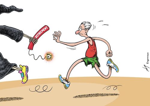 Cartoon: Hold work (medium) by rodrigo tagged work,retirement,pension,old,age,elderly,social,security,society,politics,economy,death,grim,reaper
