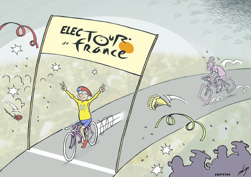 Cartoon: Hollande beats Sarkozy (medium) by rodrigo tagged france,nicolas,sarkozy,president,campaign,election,francois,hollande,tour,de,cycling