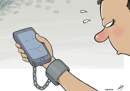 Cartoon: Smartphone addiction (medium) by rodrigo tagged internet,telecommunications,ipad,consumers,addiction,technology,iphone,smartphone