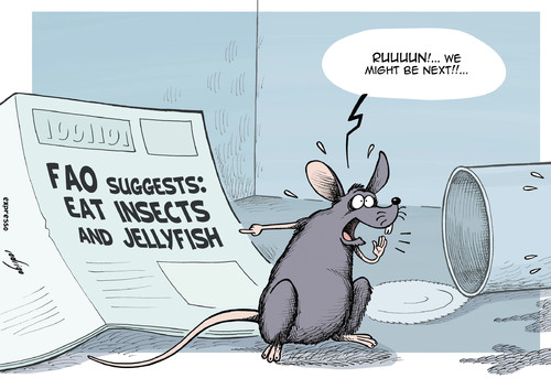 Cartoon: Hungry anyone?... (medium) by rodrigo tagged fao,food,famine,un,united,nations,insects,jellyfish,rat