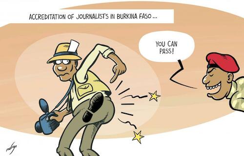 Cartoon: Impedimedia (medium) by rodrigo tagged burkina,faso,journalists,media,newspapers,france,military,junta,le,monde,liberation,paris,expulsion,press,freedom,colony,africa,democracy,humanrights,information,international,politics,rfi,ouagadougou