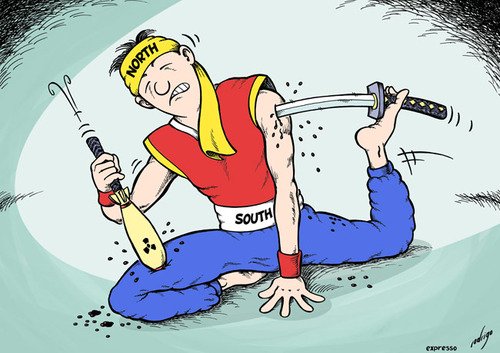 Cartoon: Korean self-mutilation (medium) by rodrigo tagged korean,war,attack,bombing,nuclear,il,jong,kim,seoul,pyongyang,korea,south,north