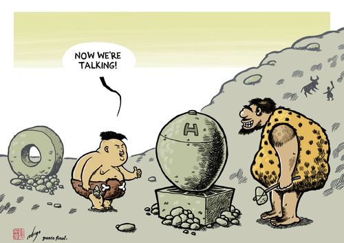 Cartoon: Koreolithic (medium) by rodrigo tagged north,korea,kim,jong,un,hbomb,hydrogen,bomb,nuclear,war,warfare,weapon