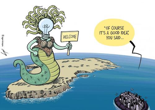 Cartoon: Lamp Medusa (medium) by rodrigo tagged europe,africa,island,lampedusa,migrant,migrants,italy,malta,un,migration,refugees,eu,poverty,war,famine,international,economy,politics,society,inequality,rich,poor