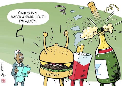 Cartoon: Lower health alert (medium) by rodrigo tagged world,health,who,covid19,global,emergency,healthy,lifestyle,pandemic,coronavirus,epidemic,society,international,politics,ghebreyesus,obesity,smoking,alcoholism,diabetes