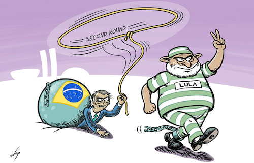 Cartoon: Lulection (medium) by rodrigo tagged brazil,election,second,round,first,left,winger,lula,da,silva,far,right,bolsonaro,prison,corruption,votes,president,presidential,international,politics,brazilian,elections,south,america,latin