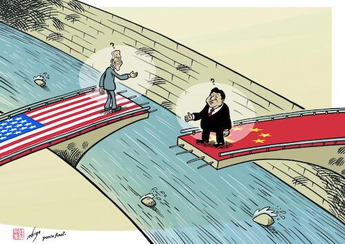 Cartoon: Mismatched bridges (medium) by rodrigo tagged xijinping,biden,usa,china,stability,relations,diplomacy,international,politics,economy,meeting,conflict,bridge,presidents,superpowers,agreements,california,climate,fentanyl,trafficking,military,communication,talks,pandas