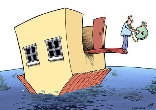 Cartoon: Mortgage drowning (medium) by rodrigo tagged housing,real,estate,market,subprime,bank,mortgage,financial,crisis,euribor,bubble