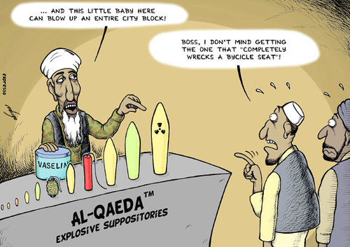 Cartoon: New terror methods (medium) by rodrigo tagged bomb,suppository,anal,al,qaeda,osama,bin,laden,terror,explosive