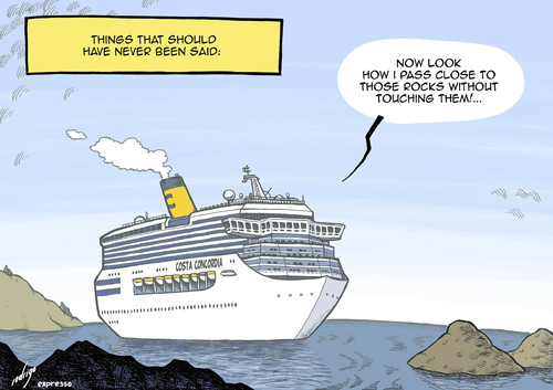 Cartoon: Not very clever captain (medium) by rodrigo tagged italy,costa,concordia,cruise,ship,accident,shipwreck,captain,francesco,schettino