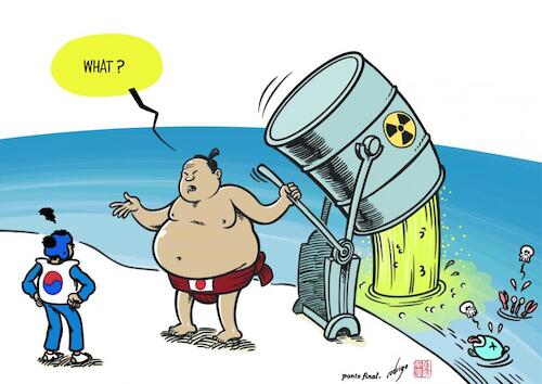 Cartoon: Nuclear waters (medium) by rodrigo tagged japan,fukushima,nuclear,waste,water,ocean,sea,southkorea,korea,asia,pacific,environment,pollution,international,politics,nature,contamination,power,energy,tokyo,seoul,protest,un