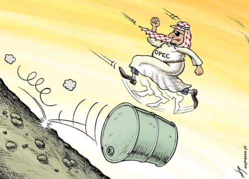 Cartoon: Oil price slide (medium) by rodrigo tagged opec,oil,brent,price,dollars,surplus,export,arab,cartel,gas,fuel
