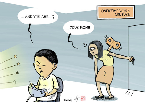Cartoon: Overtime work culture (medium) by rodrigo tagged work,overtime,culture,japan,dentsu,matsuri,takahashi,family,parents,kids,children,education,society,suicide