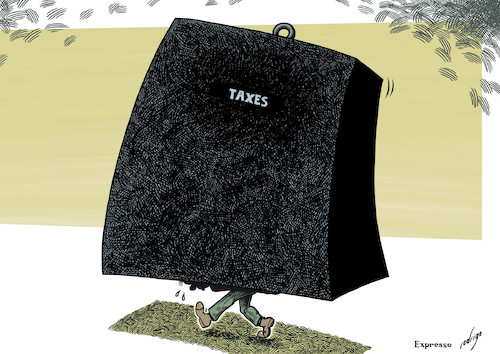 Cartoon: Overwhelming taxes (medium) by rodrigo tagged taxes,tax,taxpayer,contribution,pension,job,salary,pay,work,social,security,economy,finance