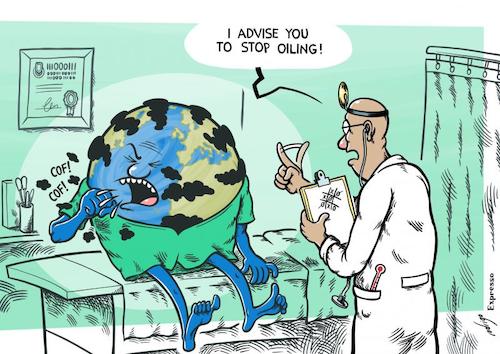 Cartoon: Petroberculosis (medium) by rodrigo tagged oil,crude,petroleum,consumption,fuel,fossil,energy,environment,pollution,world,earth,planet,air,opec,cop26,climate,change,global,warming,economy,trade,business