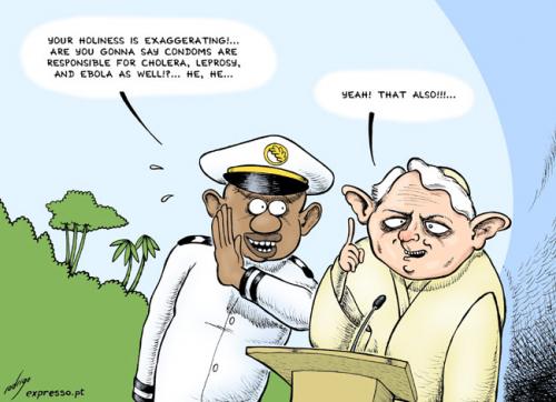 Cartoon: Pope and AIDS in Africa (medium) by rodrigo tagged pope,catholic,church,religion,aids,hiv,virus,africa,cameroon,condom,benedict