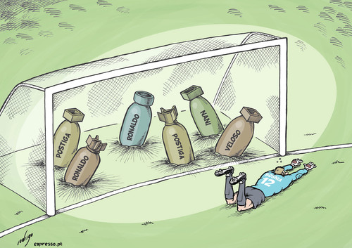 Cartoon: Portugal beats Bosnia (medium) by rodrigo tagged euro,2012,portugal,football,ronaldo,nani,postiga,veloso,bosnia