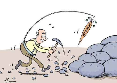 Cartoon: Raising the retirement age (medium) by rodrigo tagged retirement,elderly,worker,age,pension,income,work