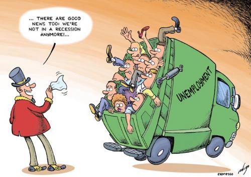 Cartoon: Recession is over (medium) by rodrigo tagged crisis,unemployment,recession,money,europe,eu,economy,euro,financial,companies,bankers,broken,automakers,businessmen