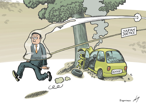 Cartoon: Renaultkiri (medium) by rodrigo tagged renault,nissan,mitsubishi,auto,tax,fraud,japan,carlos,ghosn